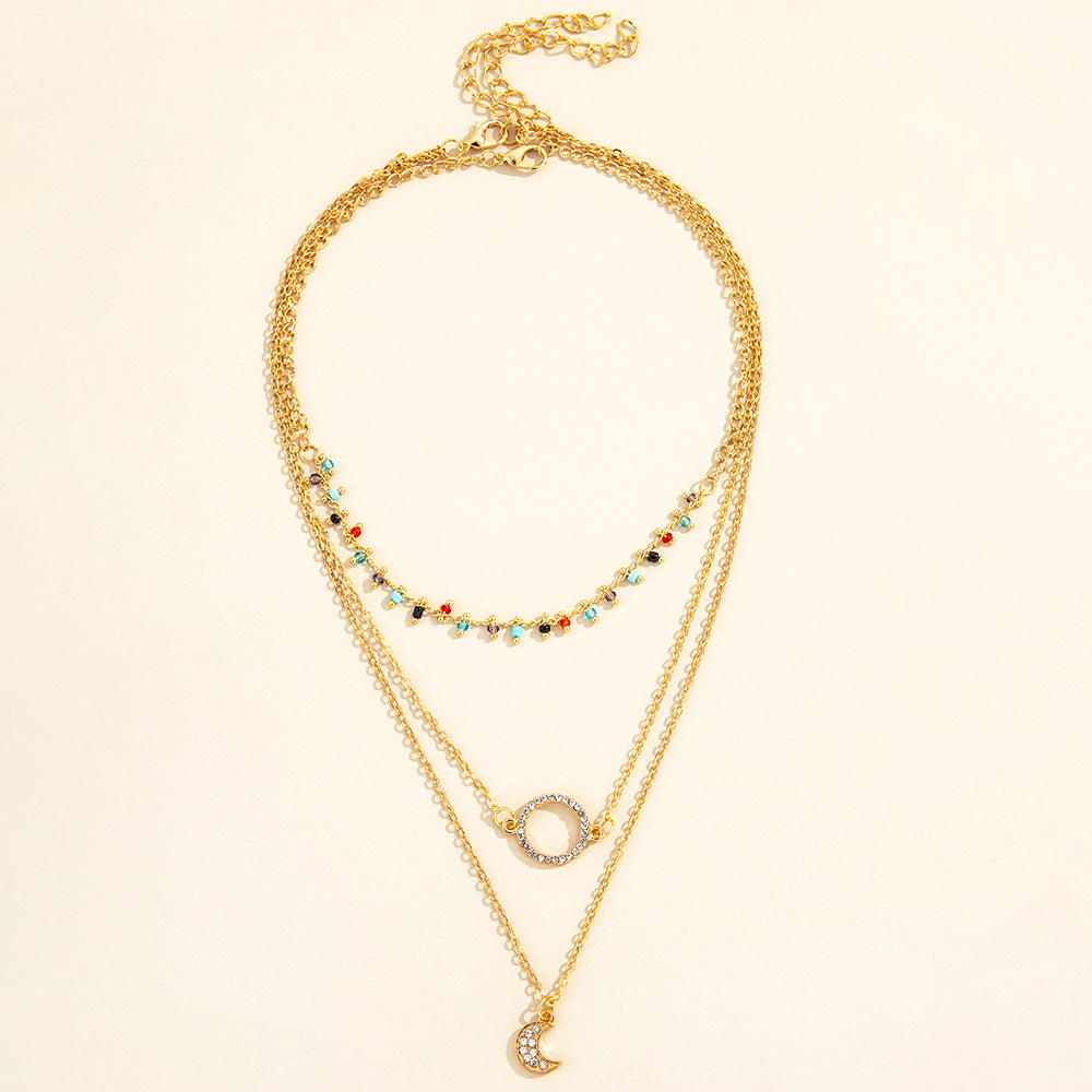 Rice Bead Circle Moon Multilayer Necklace Clavicle Chain Two Piece Set