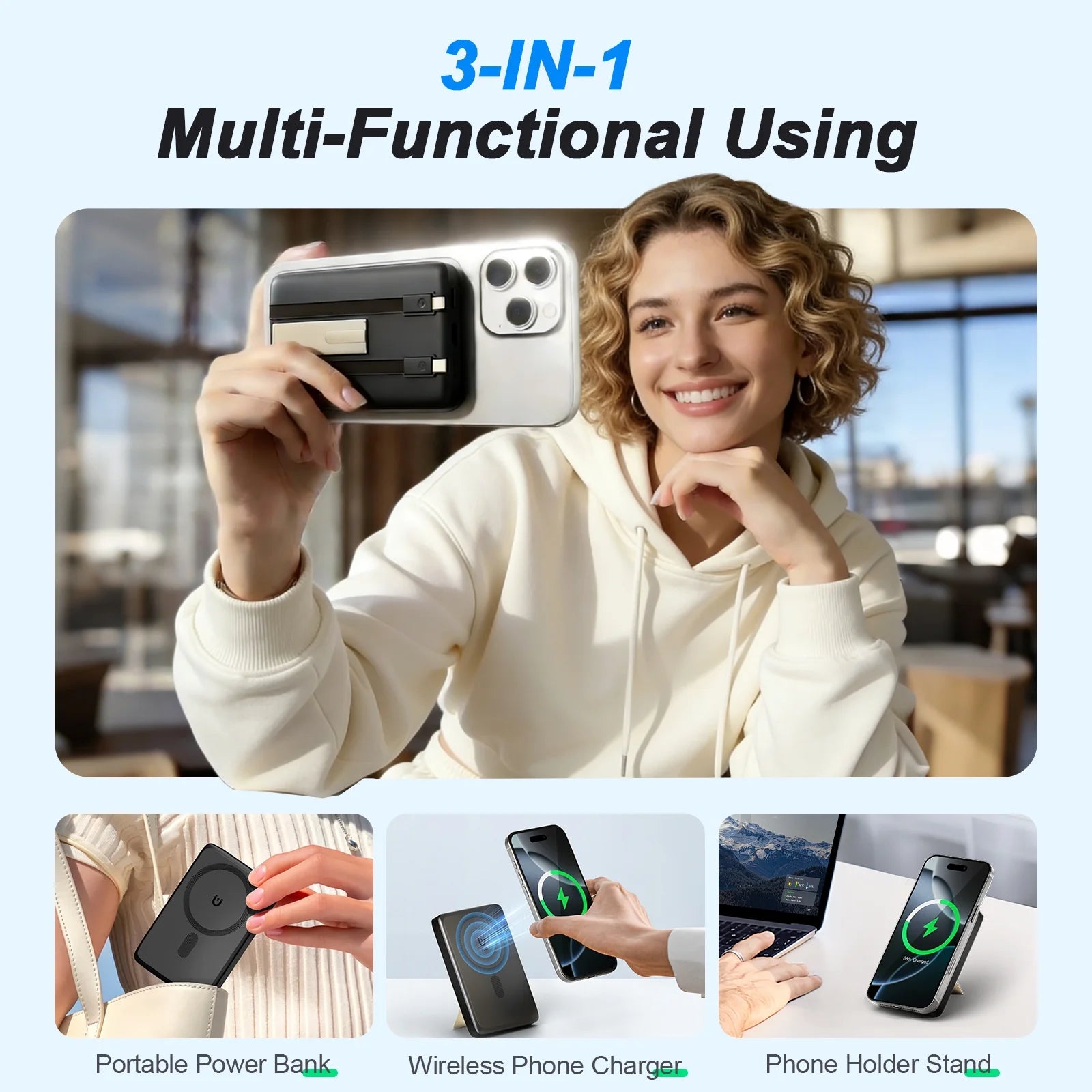 Power Bank,Portable Charger,10000Mah Magnatic Battery Pack with Type-C Cable 22.5W Charging Lighting Input for Iphone 17 16 15 14 13 12,Black