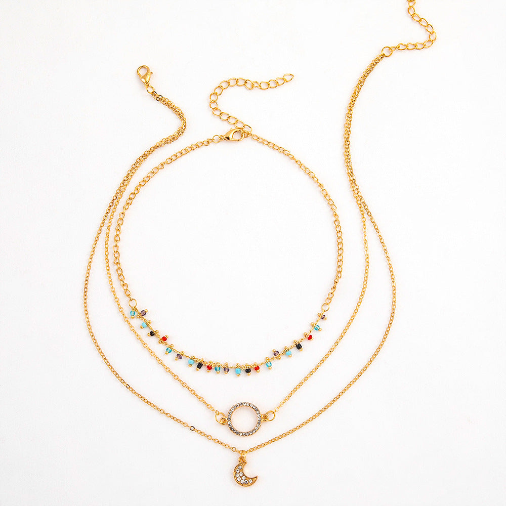 Rice Bead Circle Moon Multilayer Necklace Clavicle Chain Two Piece Set