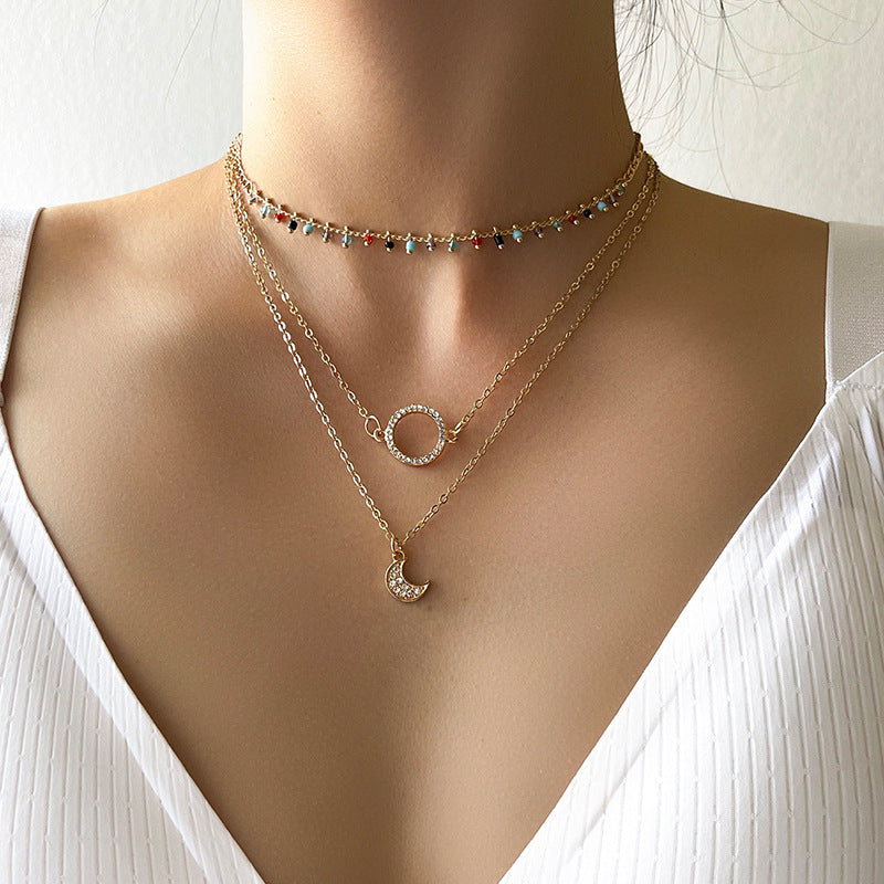 Rice Bead Circle Moon Multilayer Necklace Clavicle Chain Two Piece Set
