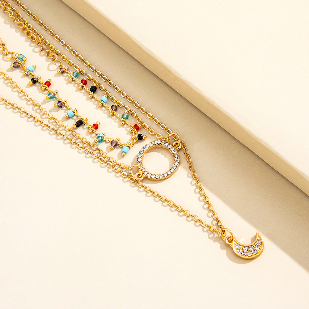 Rice Bead Circle Moon Multilayer Necklace Clavicle Chain Two Piece Set